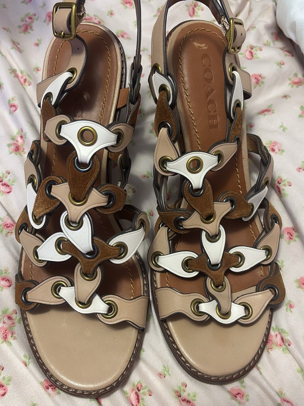 COACH Beige, White & Brown Leather Link Strap Sandals